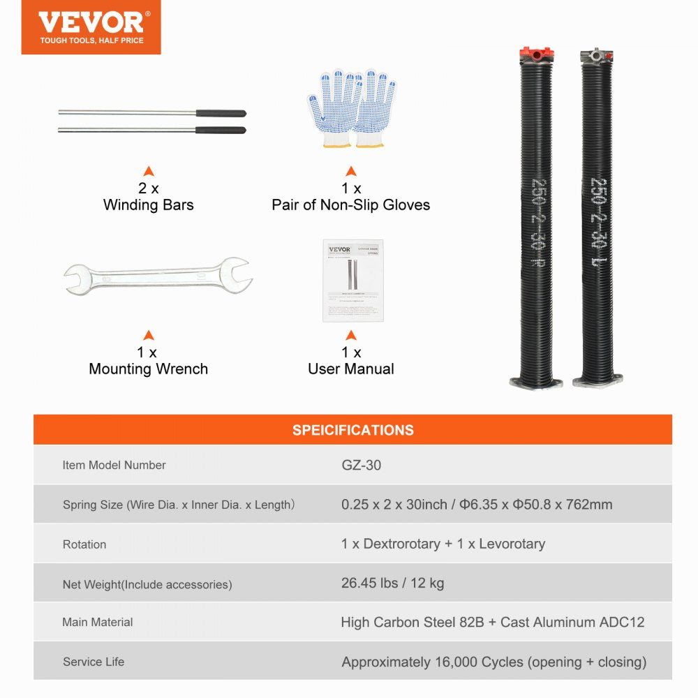 GZ-30 - Durable 30" Torsion Springs with Electrophoresis Coating