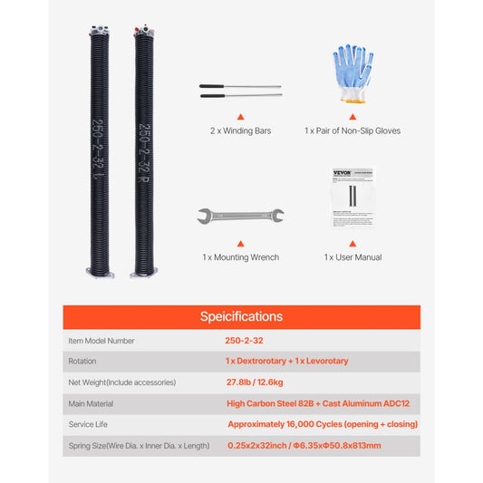250-2-32 - High Carbon Steel Garage Door Springs, 0.25 x 2 x 32 Inch