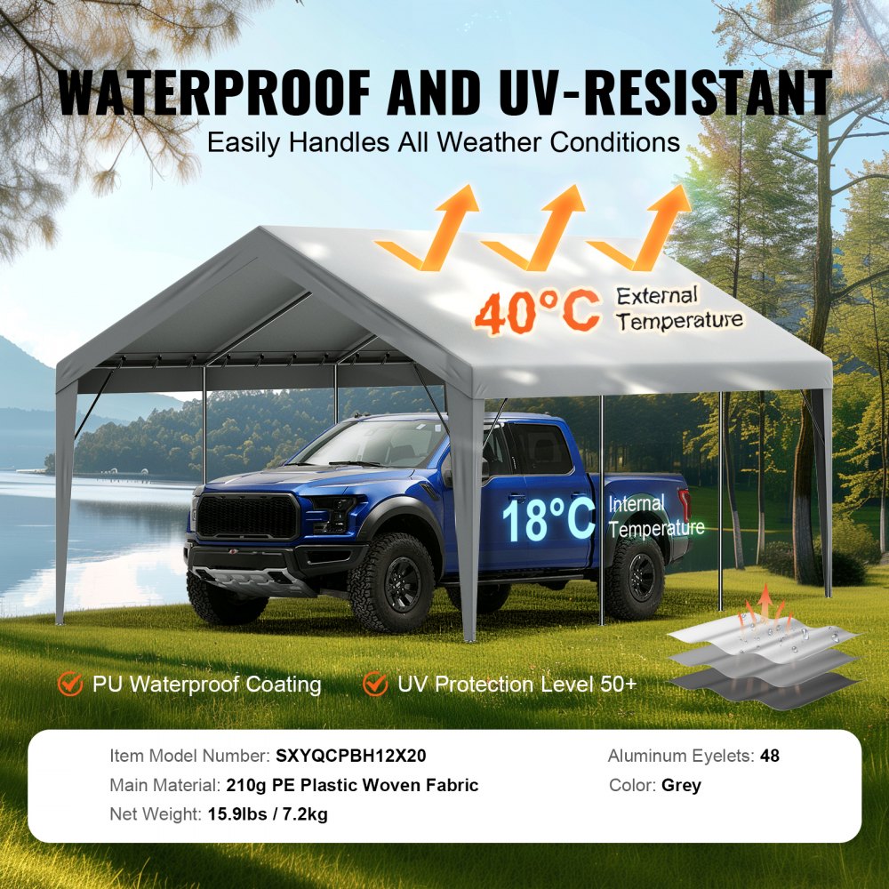SXYQCPBH12X20 - Heavy-Duty 12x20 ft Waterproof Canopy for Carports