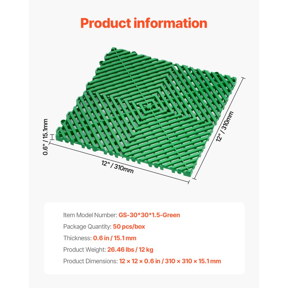 GS-30*30*1.5-Green - Heavy-Duty Interlocking Drainage Mat for Garages and More
