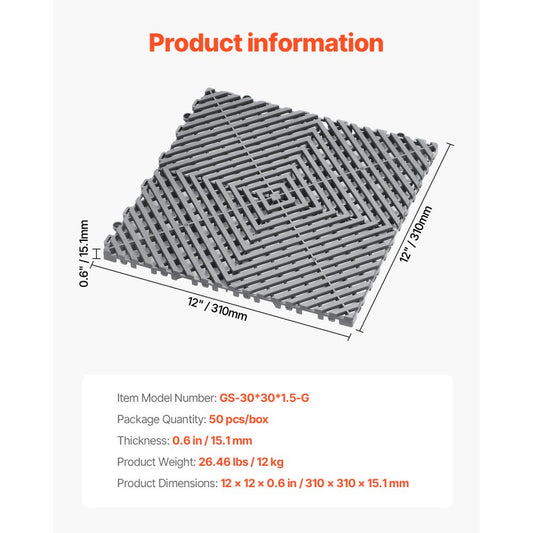 GS-30*30*1.5-G - Heavy-Duty Interlocking Drainage Mat for Garages and Commercial Use