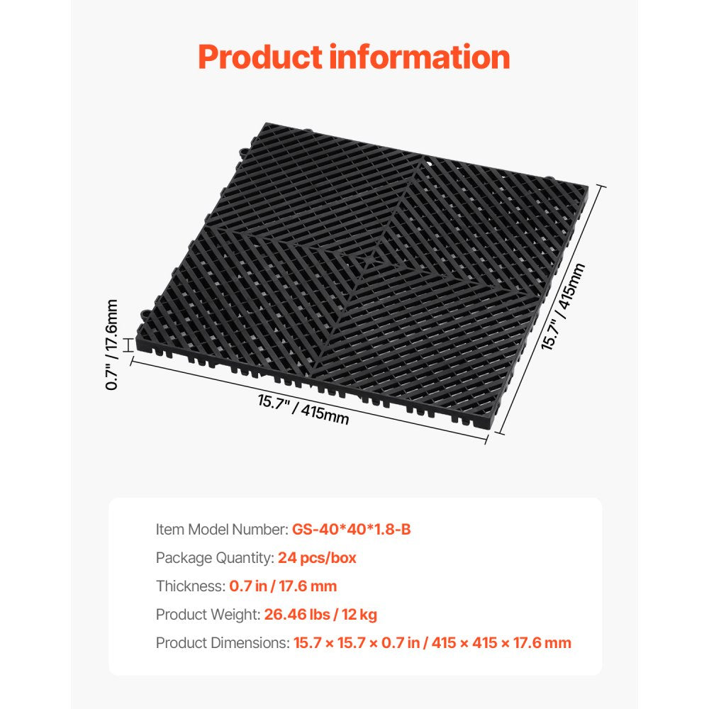 GS-40*40*1.8-B - Heavy-Duty 40"x40" Interlocking Drainage Mat for Garages