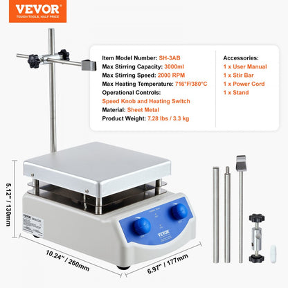 SH-3AB - Compact 3000mL Magnetic Stirrer Hot Plate for Labs