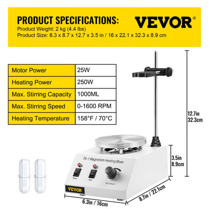 010458672575 - 1L Magnetic Stirrer with 1600 RPM, Stainless Steel Hot Plate