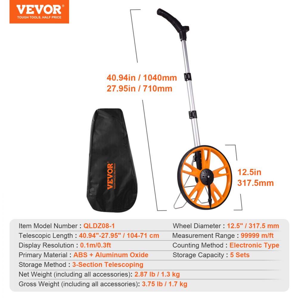 QLDZ08-1 - VEVOR 12.5" Measuring Wheel, Telescoping Handle 27.95"-40.94"