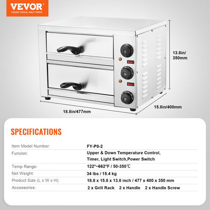 FY-P0-2 - VEVOR 12" Electric Pizza Oven with Stainless Steel Design