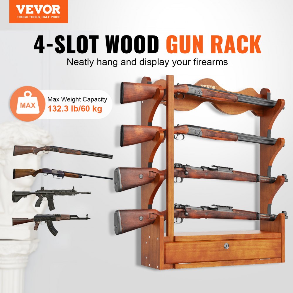 WZ001 - Solid Wood Gun Rack for 4 Rifles, 33.1" x 24" x 5.5"