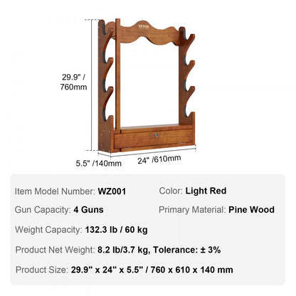 WZ001 - Solid Wood Gun Rack for 4 Rifles, 33.1" x 24" x 5.5"