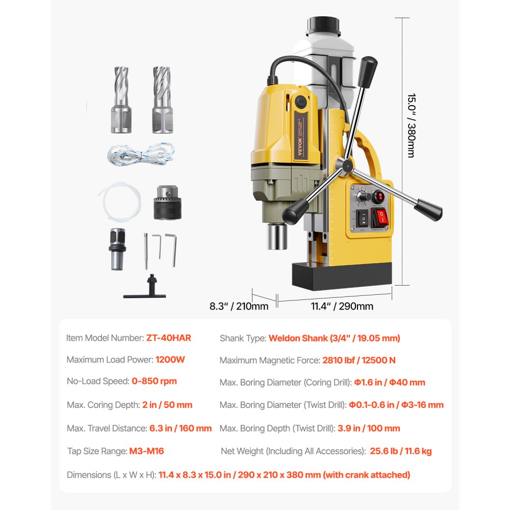 ZT-40HAR - 1200W Magnetic Drill Press for Burr-Free Steel Boring