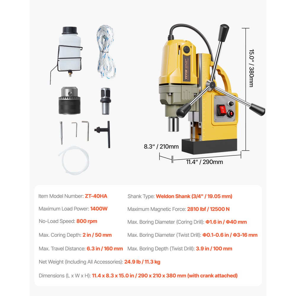 ZT-40HA - 1400W Magnetic Drill with Precision Depth Control and 800 RPM
