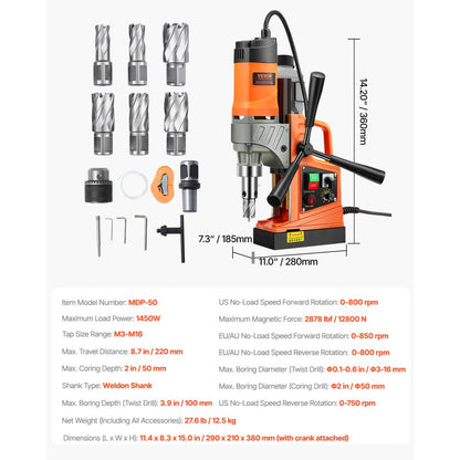 MDP-50 - Portable Magnetic Drill Press with 6 Bits for Steel & Iron
