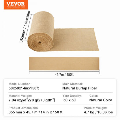 50x50x14inx150ft - 100% Jute Burlap Fabric Roll for Events & Gardens