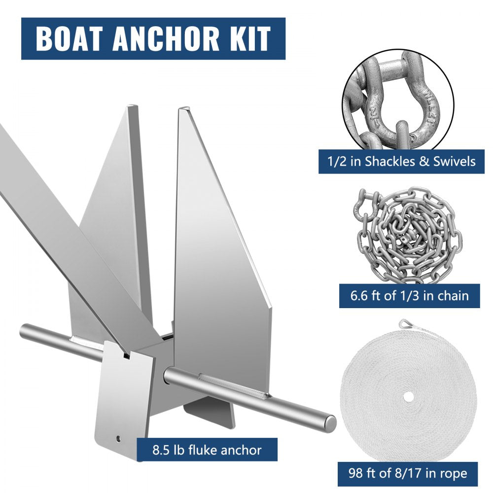 010830938009 - Durable 8.5 lb Fluke Anchor Kit with 98ft Rope & Chain
