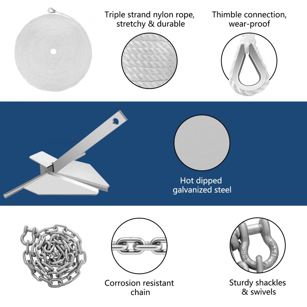 010830938009 - Durable 8.5 lb Fluke Anchor Kit with 98ft Rope & Chain