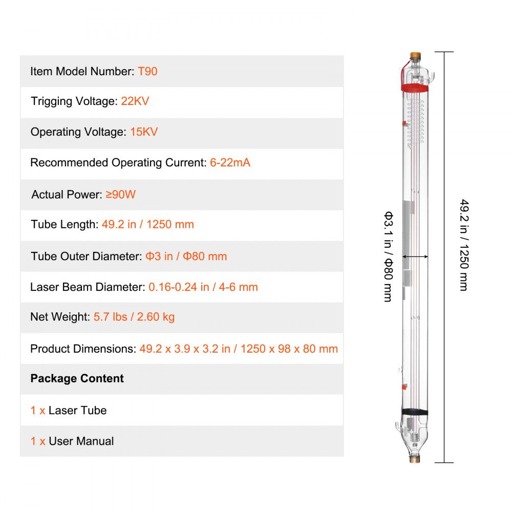 T90 - 49.2in VEVOR 90W CO2 Laser Tube, High-Precision Performance