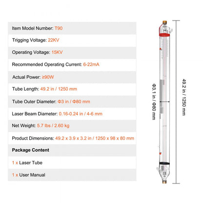 T90 - 49.2in VEVOR 90W CO2 Laser Tube, High-Precision Performance