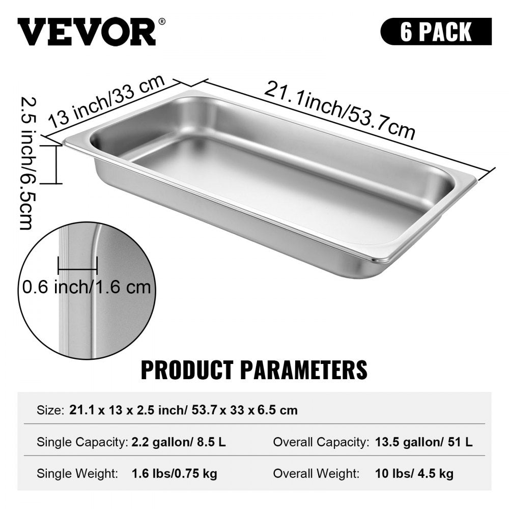 010529800149 - 6 Pack 20.9" Stainless Steel Steam Table Pans for Versatile Serving