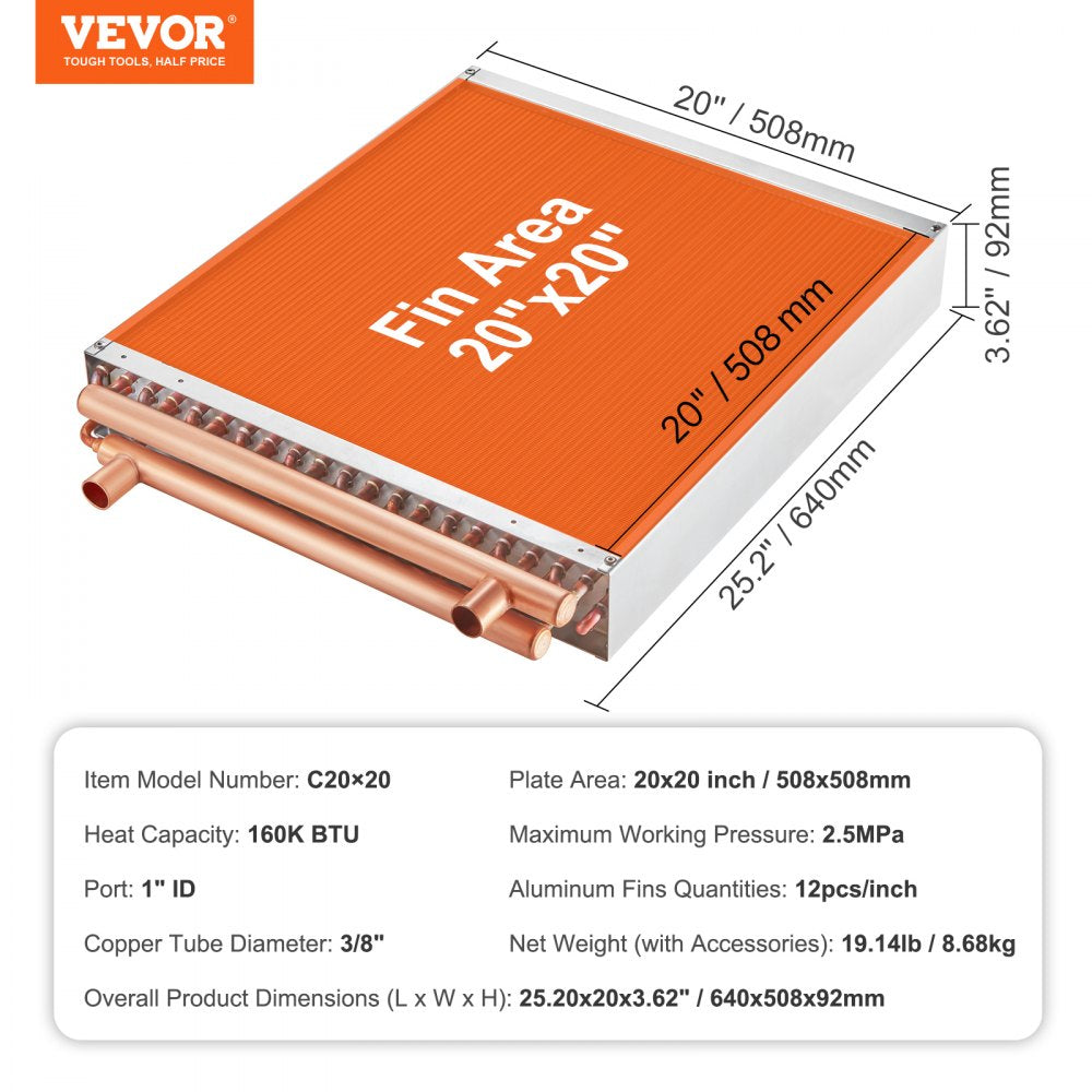 C20×20 - 20" x 20" VEVOR Water to Air Heat Exchanger with 2402 Fins