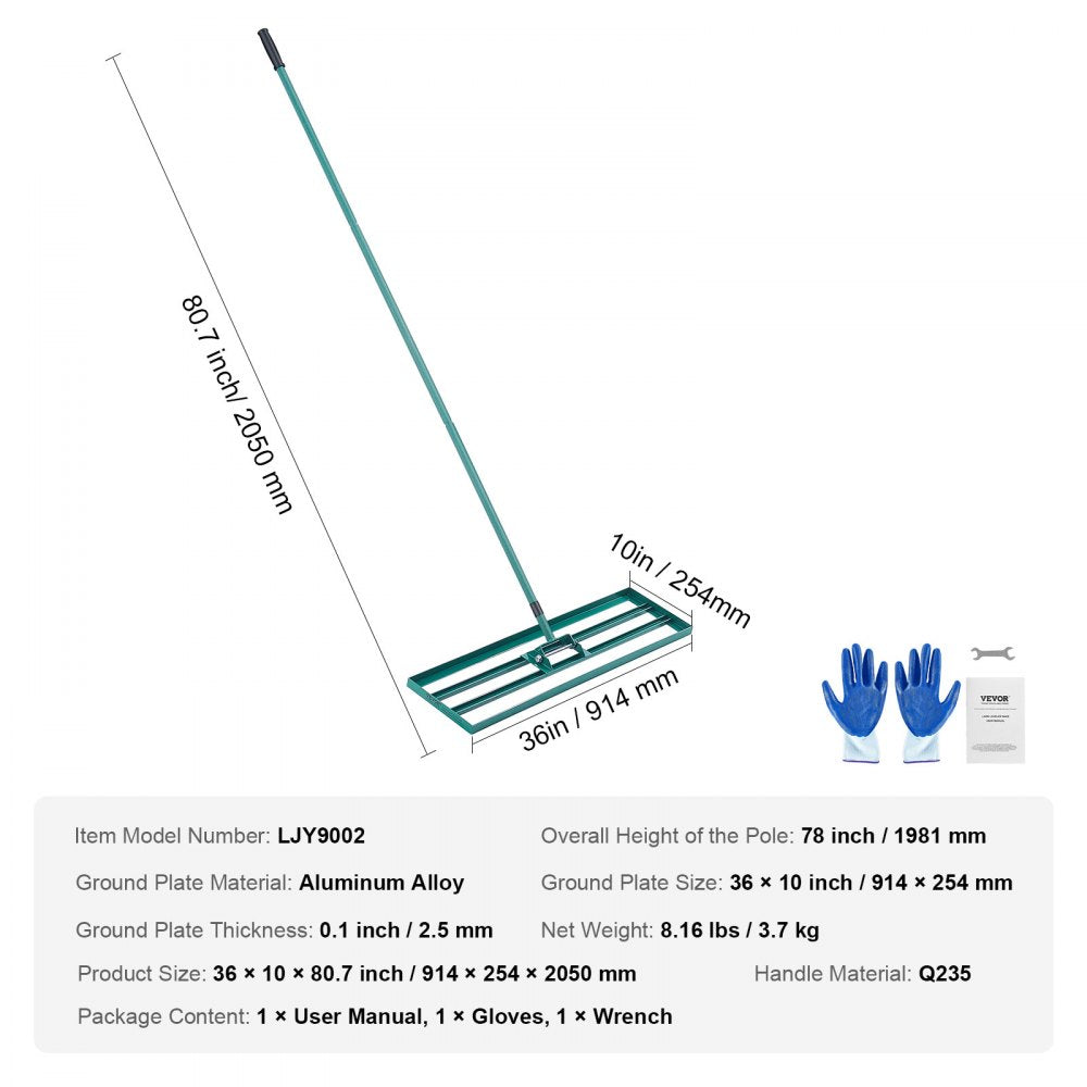 LJY9002 - 36"x10" Heavy-Duty Lawn Leveling Rake with 78" Steel Handle