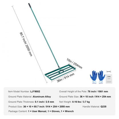 LJY9002 - 36"x10" Heavy-Duty Lawn Leveling Rake with 78" Steel Handle