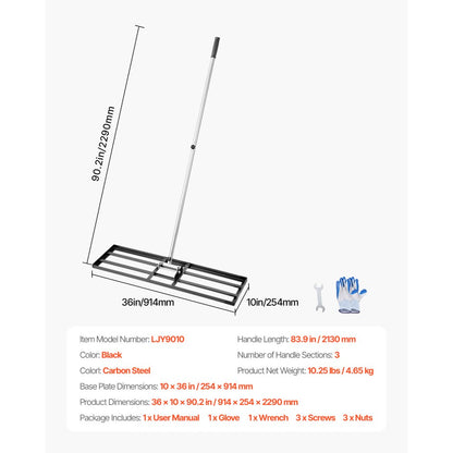 LJY9010 - 83.9in Heavy-Duty Lawn Leveling Rake with Rotating Handle