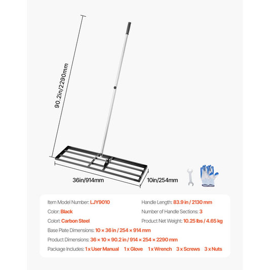 LJY9010 - 83.9in Heavy-Duty Lawn Leveling Rake with Rotating Handle