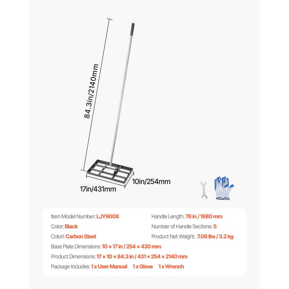 LJY9008 - Heavy-Duty 78in Lawn Leveling Rake with Rotating Handle