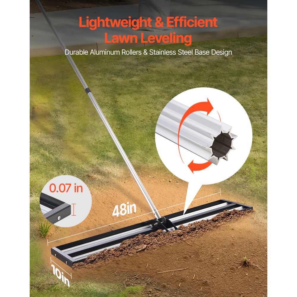 LJY9007 - 10x48" Stainless Steel Lawn Leveling Rake with Adjustable Handle