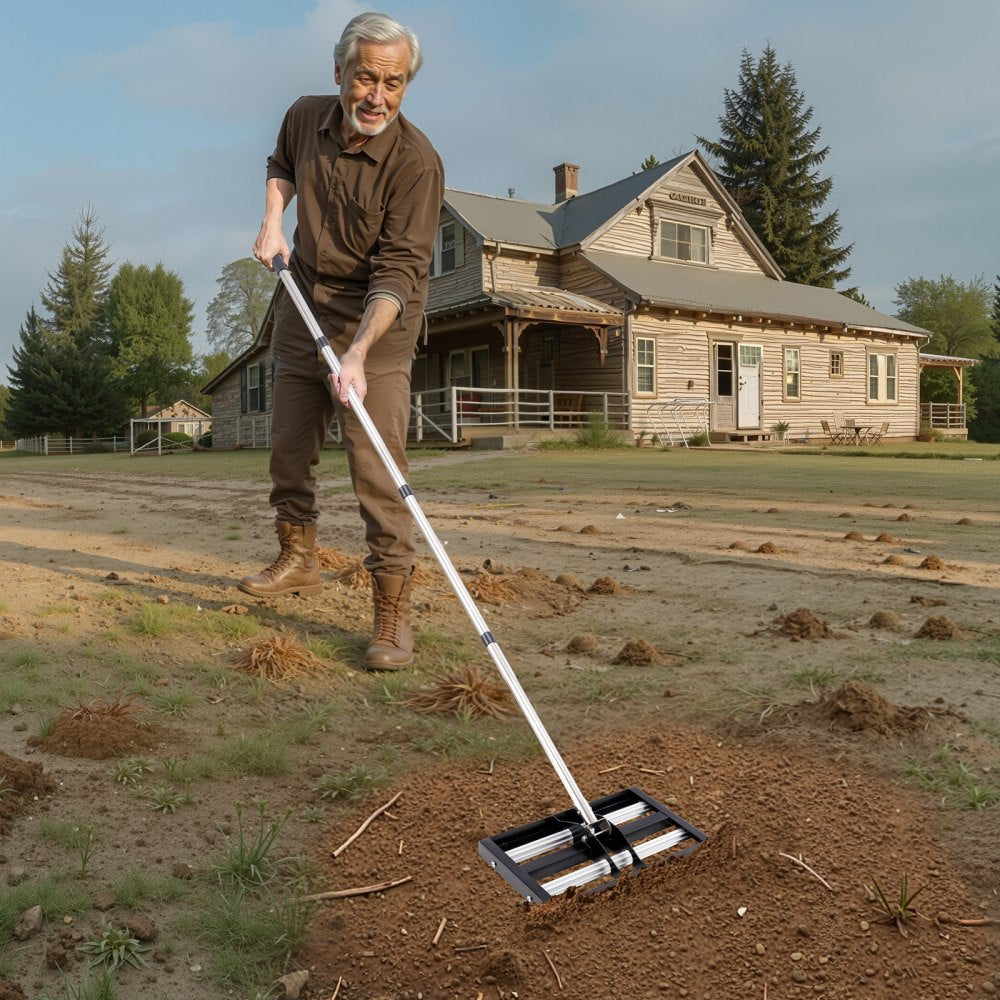 LJY9004 - 10x17" Stainless Steel Lawn Leveling Rake with Adjustable Handle