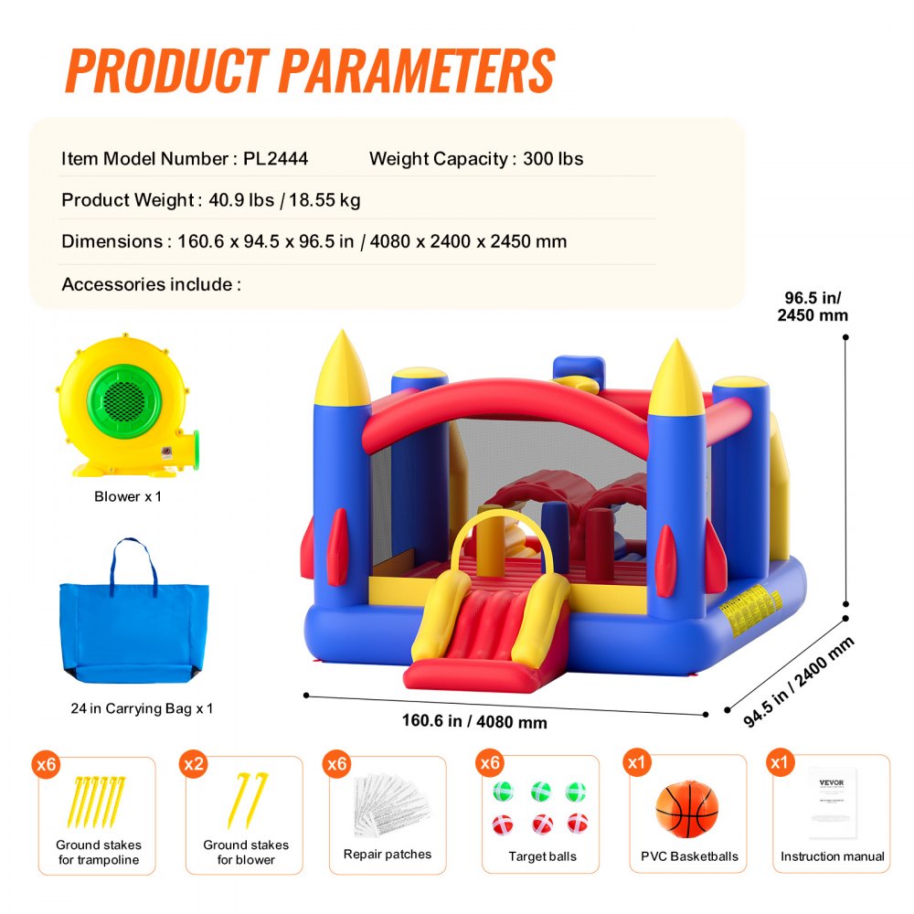 PL2444 - 160.6" Kids Inflatable Bounce House with Easy Setup