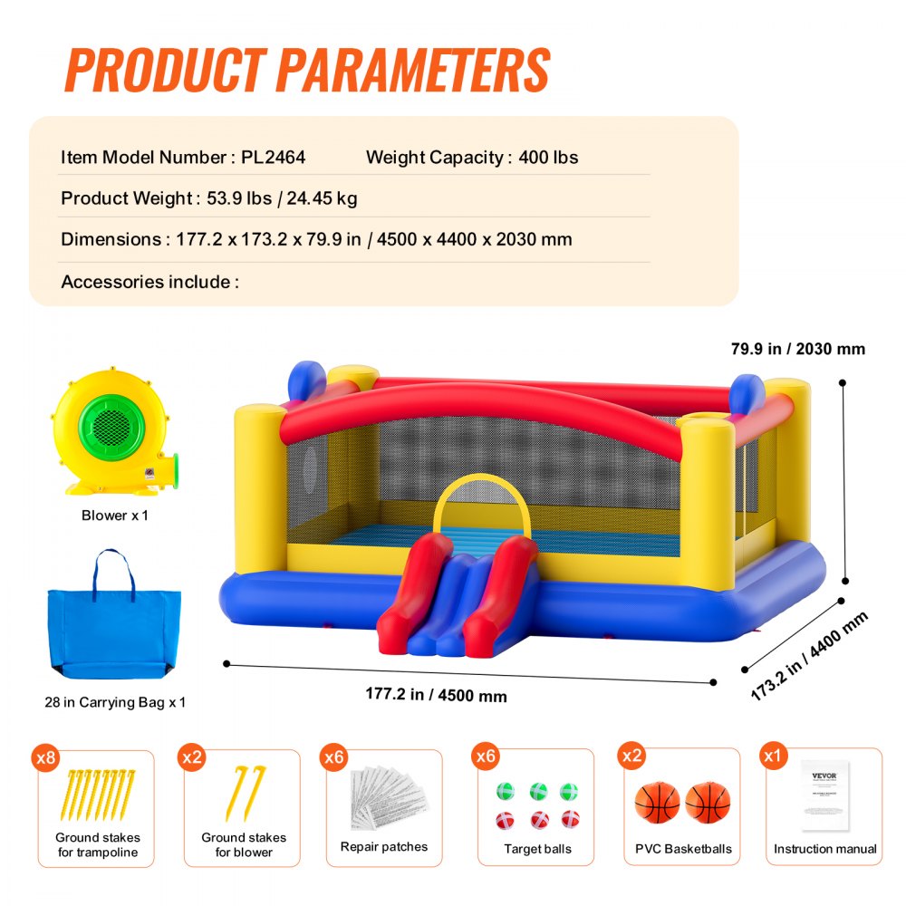 PL2464 - VEVOR 177.2" Inflatable Bounce House for Kids, Ages 3-10