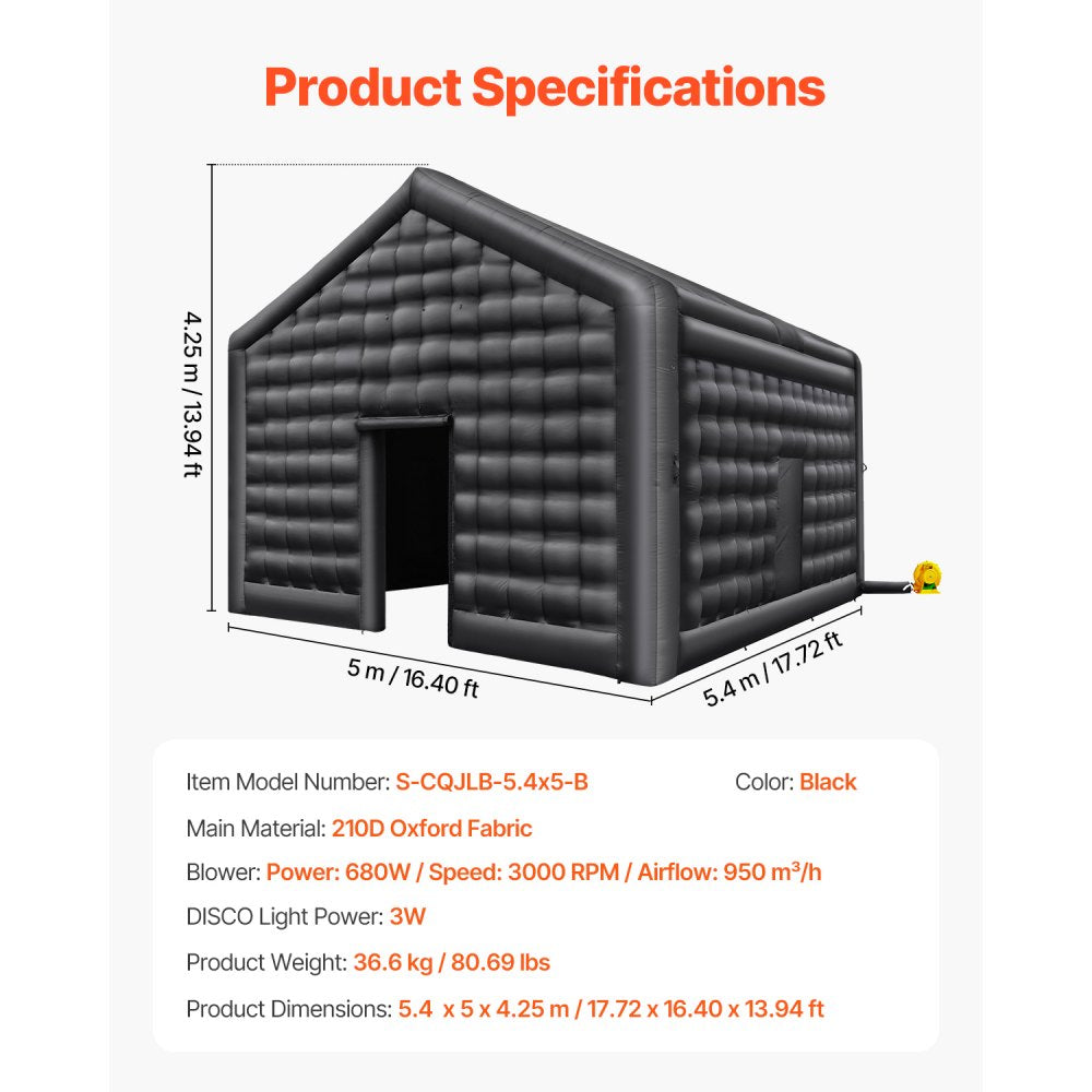 S-CQJLB-5.4x5-B - 291 Sq Ft Inflatable Nightclub Tent with Disco Lights