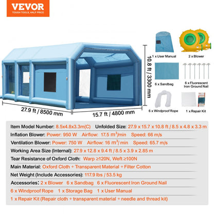 8.5x4.8x3.3m(C) - 27.9ft Inflatable Paint Booth for Flawless Finishes