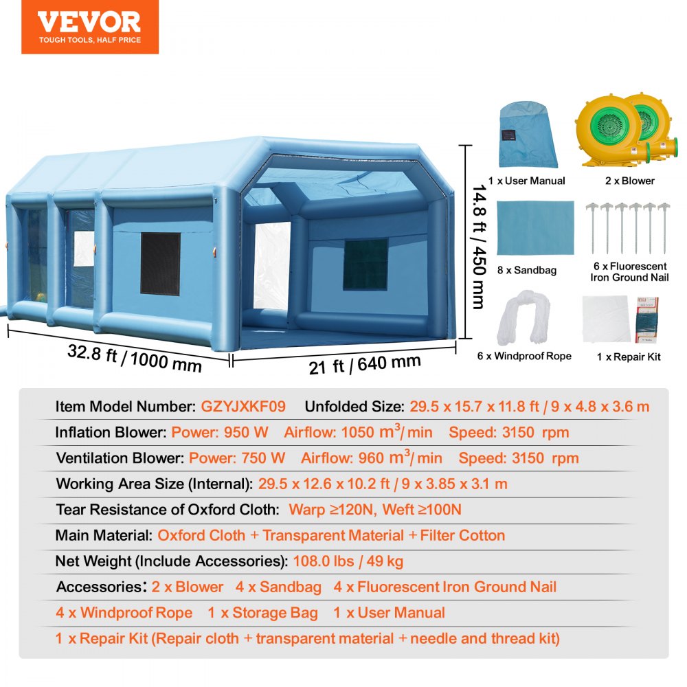 10x6.4x4.5m(C) - Durable 32.8ft Inflatable Paint Booth for Large Vehicles