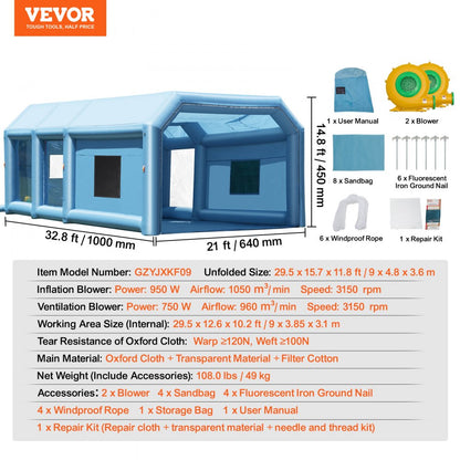 10x6.4x4.5m(C) - Durable 32.8ft Inflatable Paint Booth for Large Vehicles