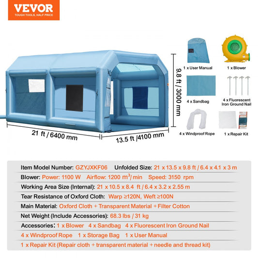 GZYJXKF06 - 21'x13.5' Inflatable Paint Booth with 1100W Blower & Filter