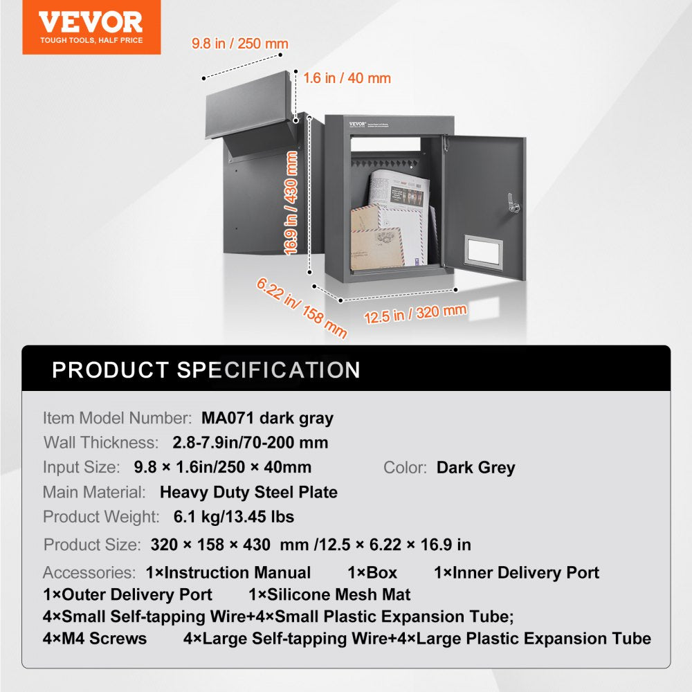 MA071 - Heavy-Duty Dark Gray Through-Wall Mailbox with Secure Drop Slot