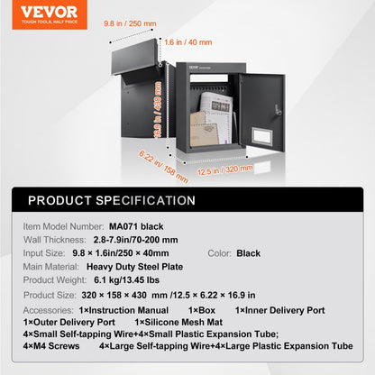 MA071 black - Heavy-Duty Steel Mailbox with Combination Lock for Secure Mail Collection
