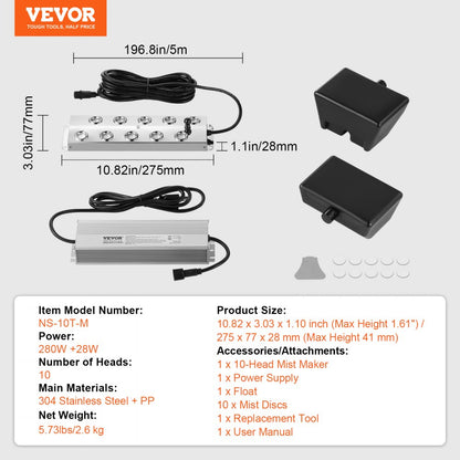 NS-10T-M - 10 Head Ultrasonic Mist Maker, 7000mL/h Output, IP67 Waterproof