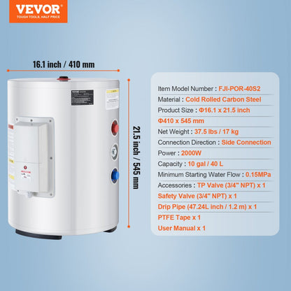 FJI-POR-40S2 - 10-Gallon Electric Water Heater with LED Display & 1600W Power