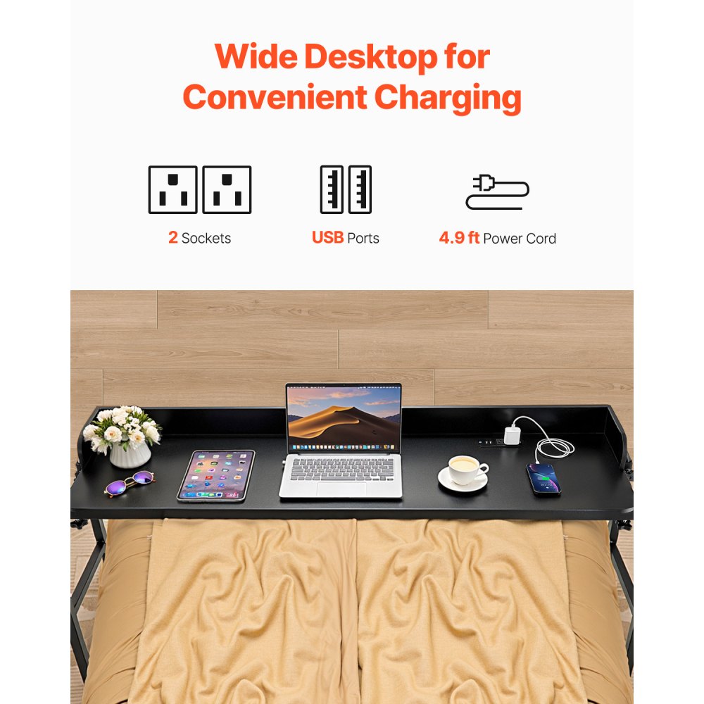 GT-JS-0005-US - Adjustable Overbed Table with Power Strip, 35-40" Height