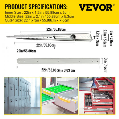 VV-CTDG-500B WS 22YC - Heavy-Duty Cold-Rolled Steel Drawer Slides, 22" Length