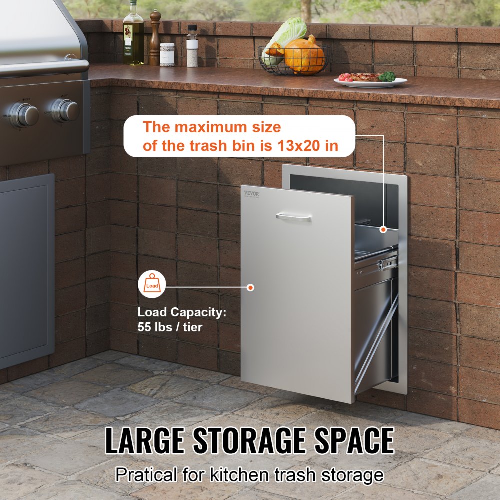 KM-CTG-2302-SKU7 - 17.7" Stainless Steel Pull-Out Trash Drawer for Outdoor Use