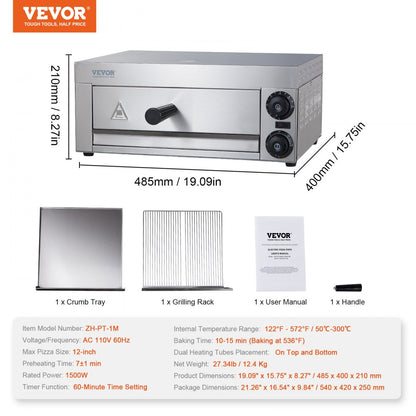 ZH-PT-1M - 12-Inch Stainless Steel Electric Pizza Oven with Precise Temperature Control
