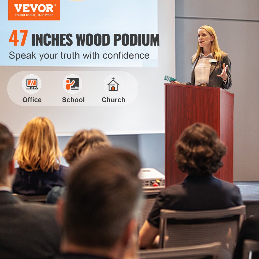 010140331854 - Mobile 47-Inch Podium Stand with Lockable Wheels and Storage