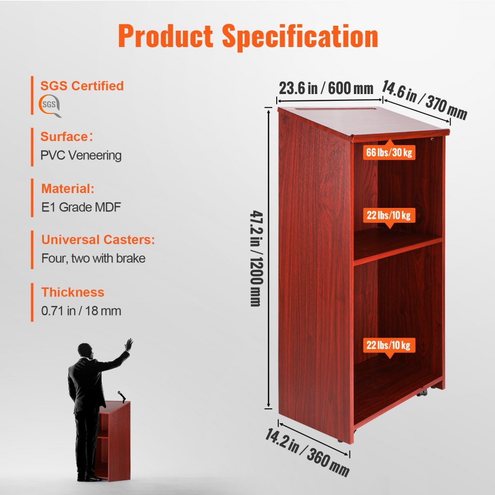 010140331854 - Mobile 47-Inch Podium Stand with Lockable Wheels and Storage
