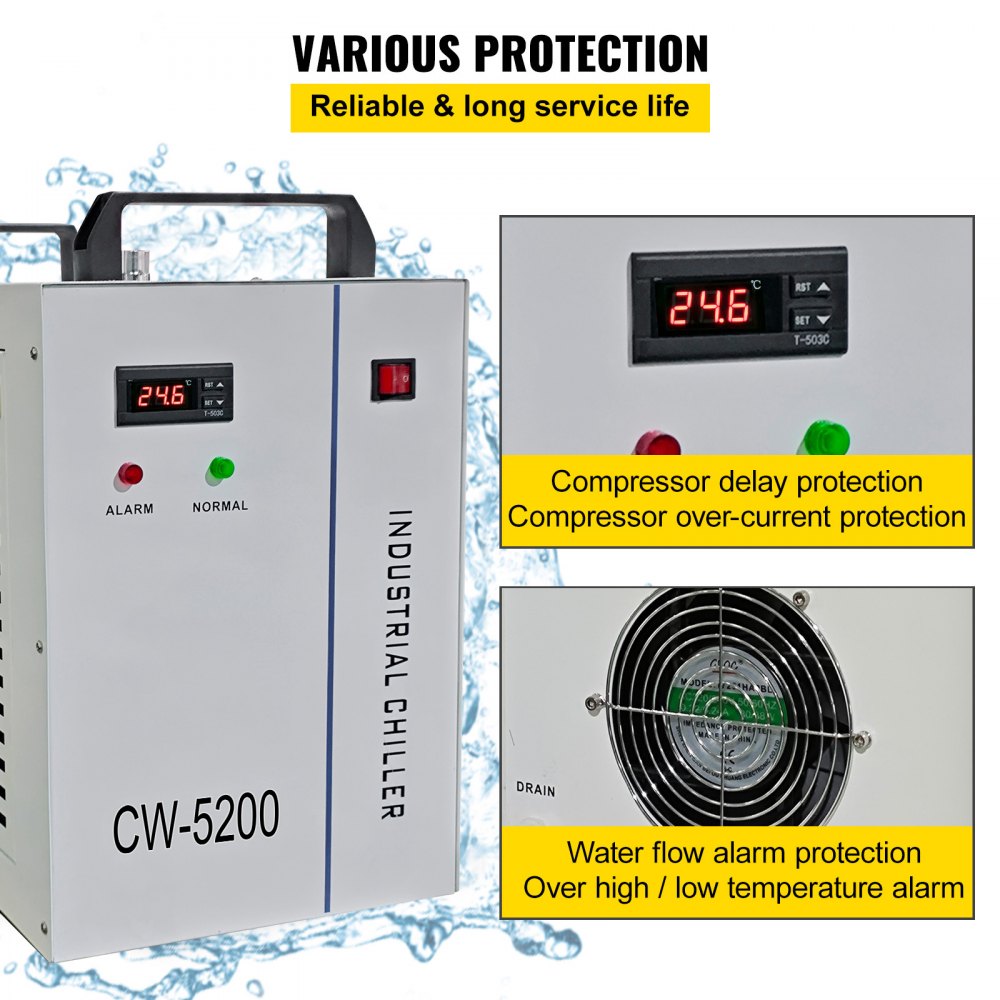 CW-5200 - 6L Industrial Chiller for CO2 Laser Tubes, 1400W Power