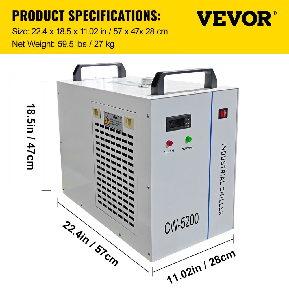 CW-5200 - 6L Industrial Chiller for CO2 Laser Tubes, 1400W Power