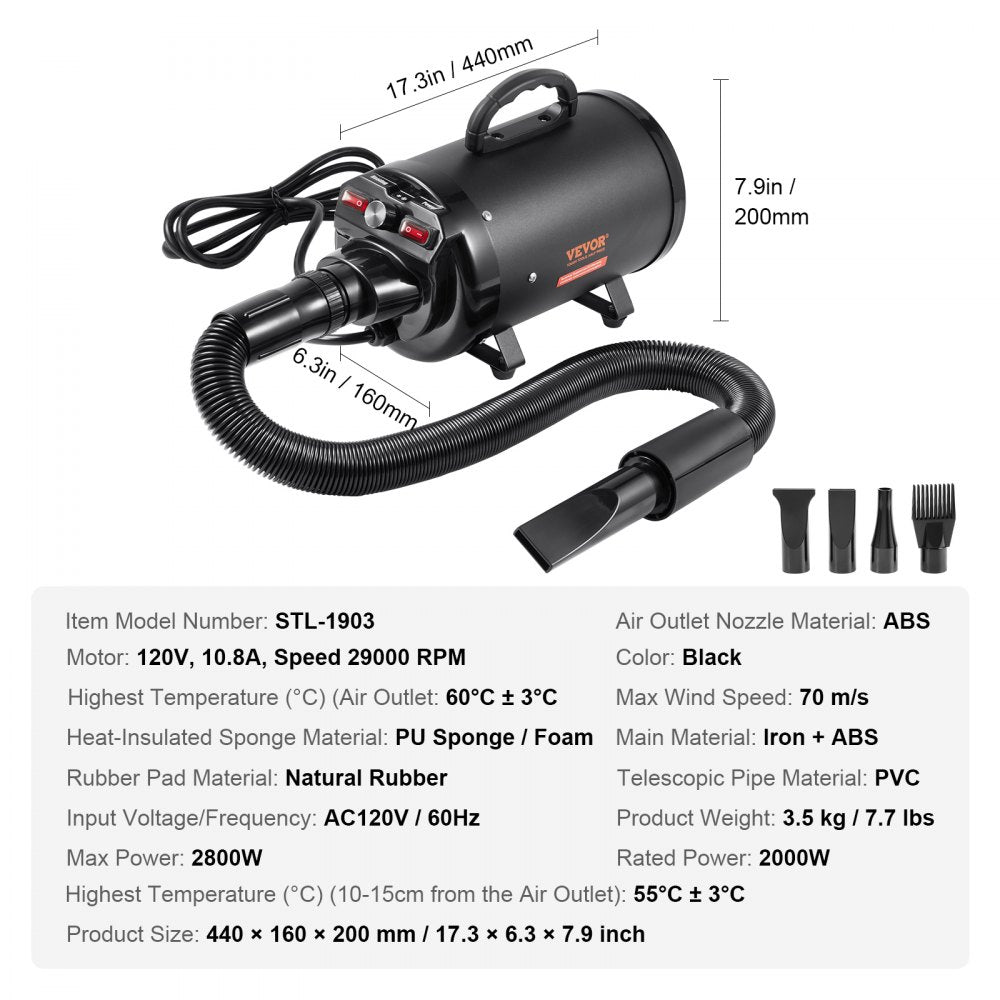 STL-1903 - 2800W VEVOR Dog Dryer with Adjustable Speed & Safety Features