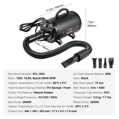 STL-1903 - 2800W VEVOR Dog Dryer with Adjustable Speed & Safety Features